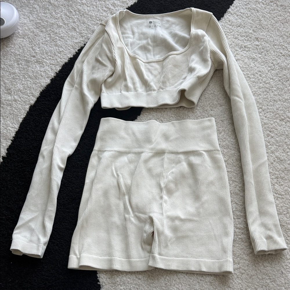 SHEIN Ribbed Long-Sleeve Scoop Crop Top & High-Waist Shorts Set — Cream